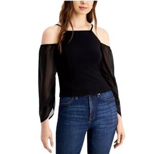 Women's S NWT Bar lll Cold-Shoulder Black Top Ruched Sleeve Square Neckline